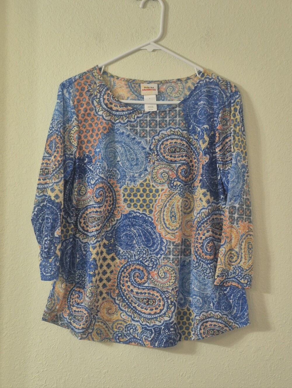 Ruby Rd. Blue Peach Paisley Scoop Neck Long Sleeve Top